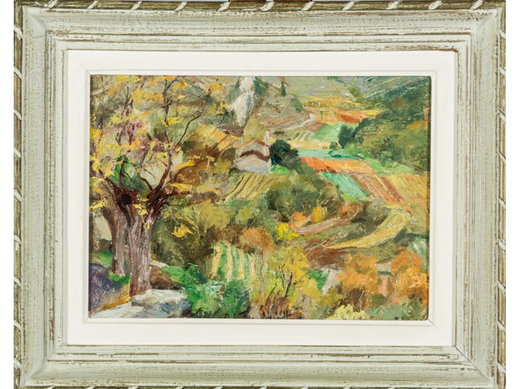 Georges DE POGEDAIEFF (1897-1971) : Paysage provençal en automne.  Huile sur carton signée en bas au milieu.  Avec étiquette d'atelier au dos datée 18/5/1956.  Dim.: 24x33 cm.