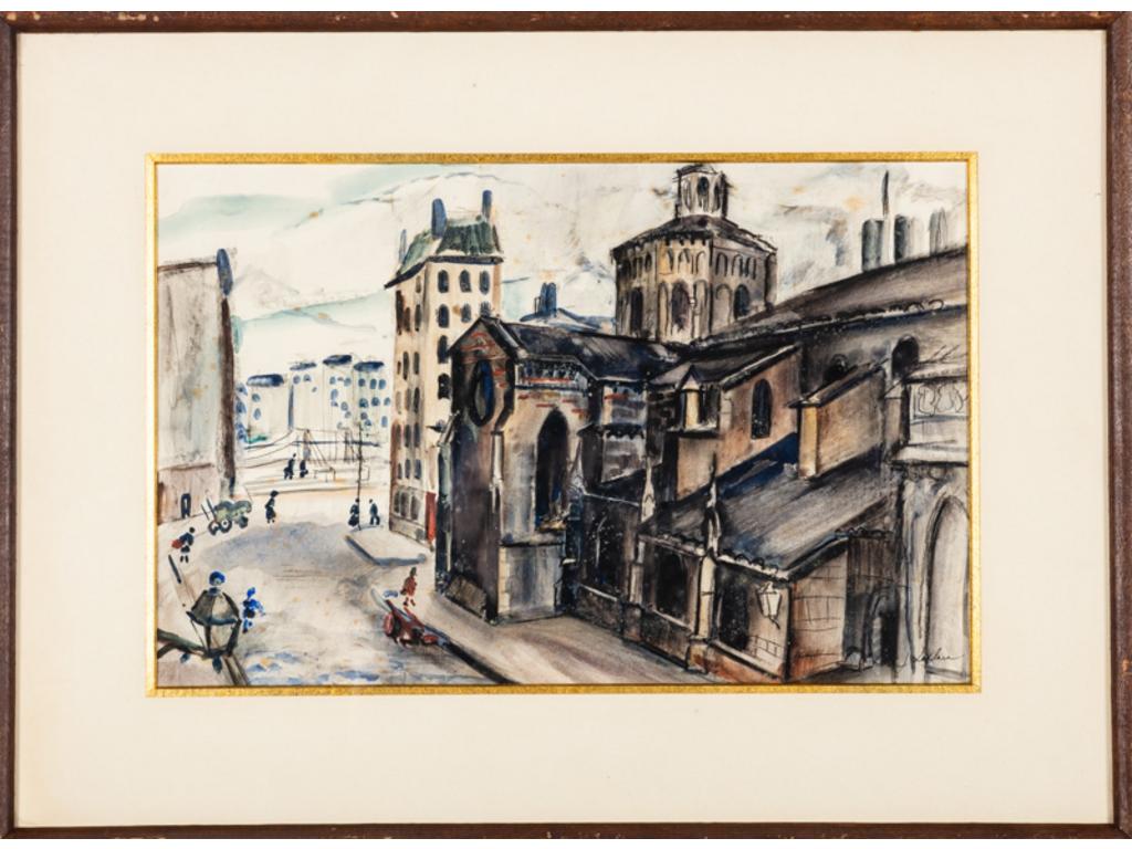 Jacques LAPLACE (1890-1955) : Une église à Lyon. Aquarelle, signée en bas à droite. Provenance galerie des Archers à Lyon. Dimensions : 31 x 48 cm