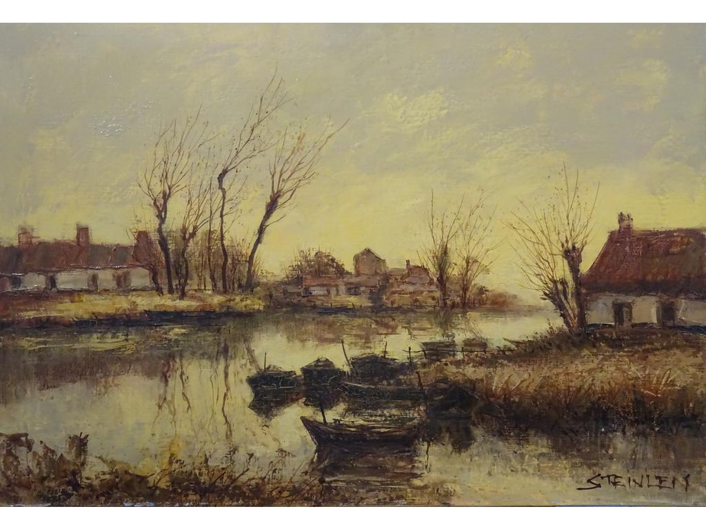 Aimé STEINLEN (1923-1996) : Paysage lacustre. Huile sur toile. Signée en bas à droite. Dimension : 65x92 cm.