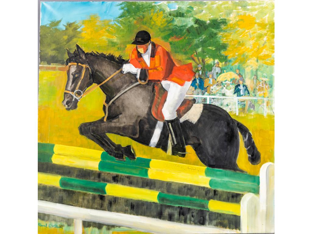 Paul Georges KLEIN (1909-1994) : Le saut dobstacle. Grande huile sur toile signée en bas à gauche (sans cadre). Dim : 176 x 180 cm.