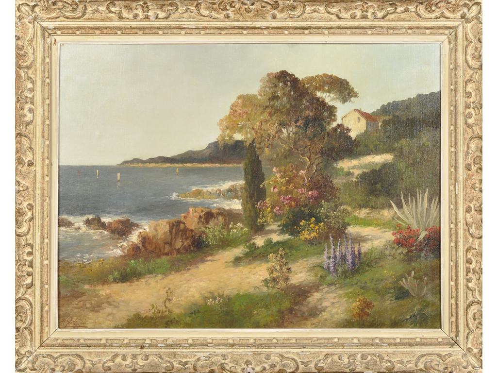 Ecole moderne vers 1930/1940 : Bord de Méditerranée. Huile sur toile. Dim. avec cadre : 60x80 cm