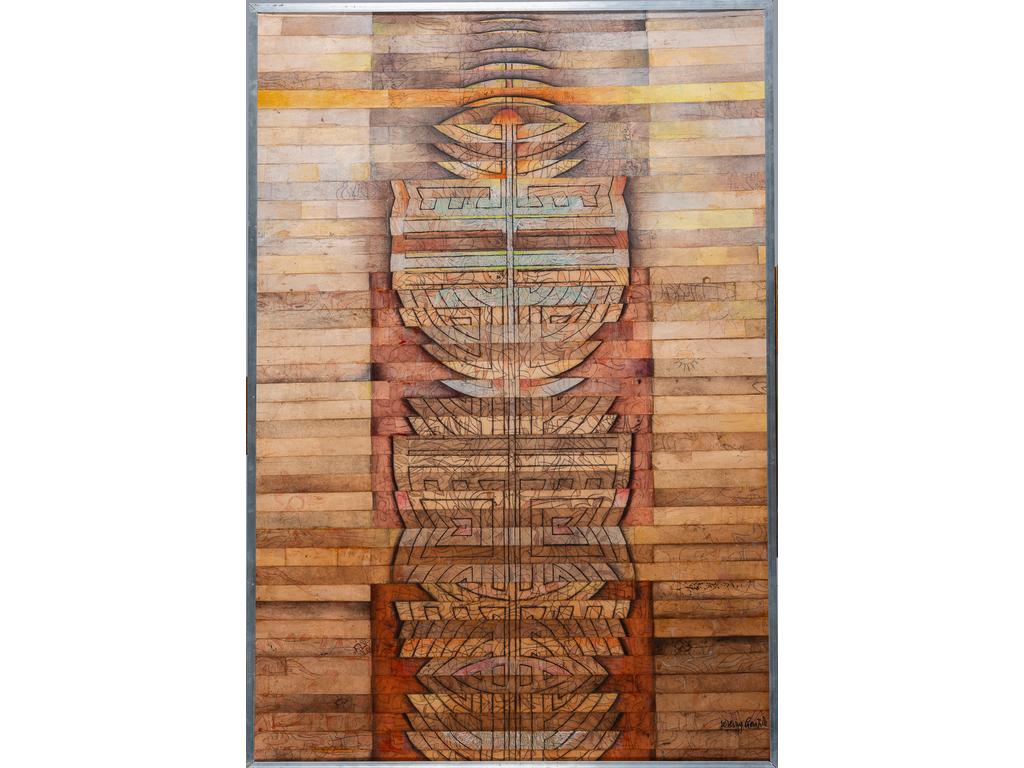 Jéremy GENTILLY (1926) : Compétition. Collage et technique mixte signé en bas à droite. Dim : 130x89 cm.