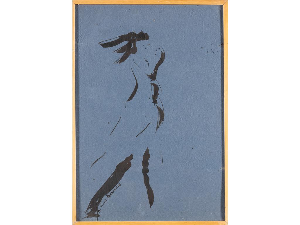 Bertrand BARACHIN (XXe)  : Silhouette. Dessin à l'encre (aquarelle) sur papier bleu signé. Dim : 64x44 cm.