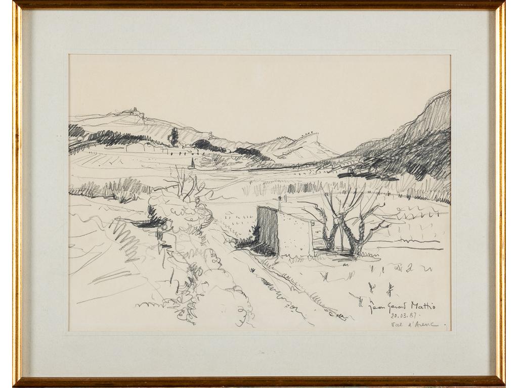 Jean Gérard MATTIO (1927-1995) : Le val d'Arenc. Dessin à la mine de plomb signé en bas à droite et daté 87. Dim : 26x36 cm.
