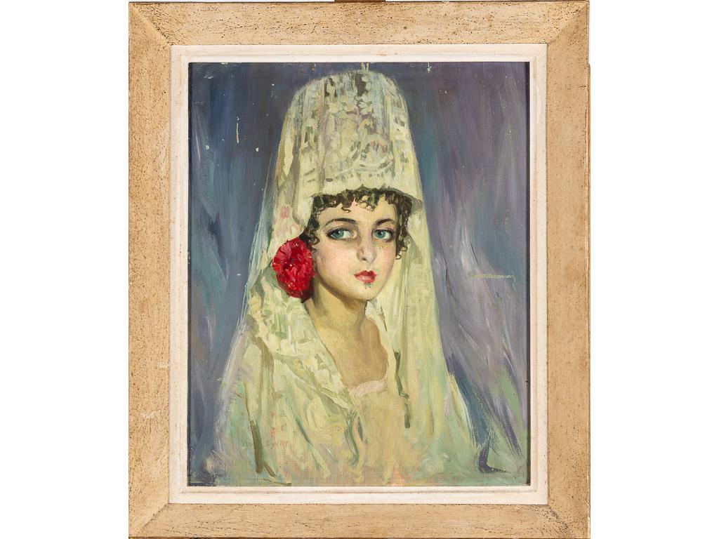 José CRUZ-HERRERA (1890-1972): Portrait de femme au voile. Huile sur panneau signée en bas à droite (éraflures et éclats). Dimensions: 45x36 cm.