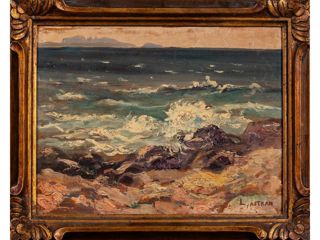 Louis ASTRAN (1884-1965) : Bord de mer. Huile sur panneau signée en bas à droite. Etiquette d'exposition à la galerie Lambert à Marseille. Dim : 27 x 35 cm.