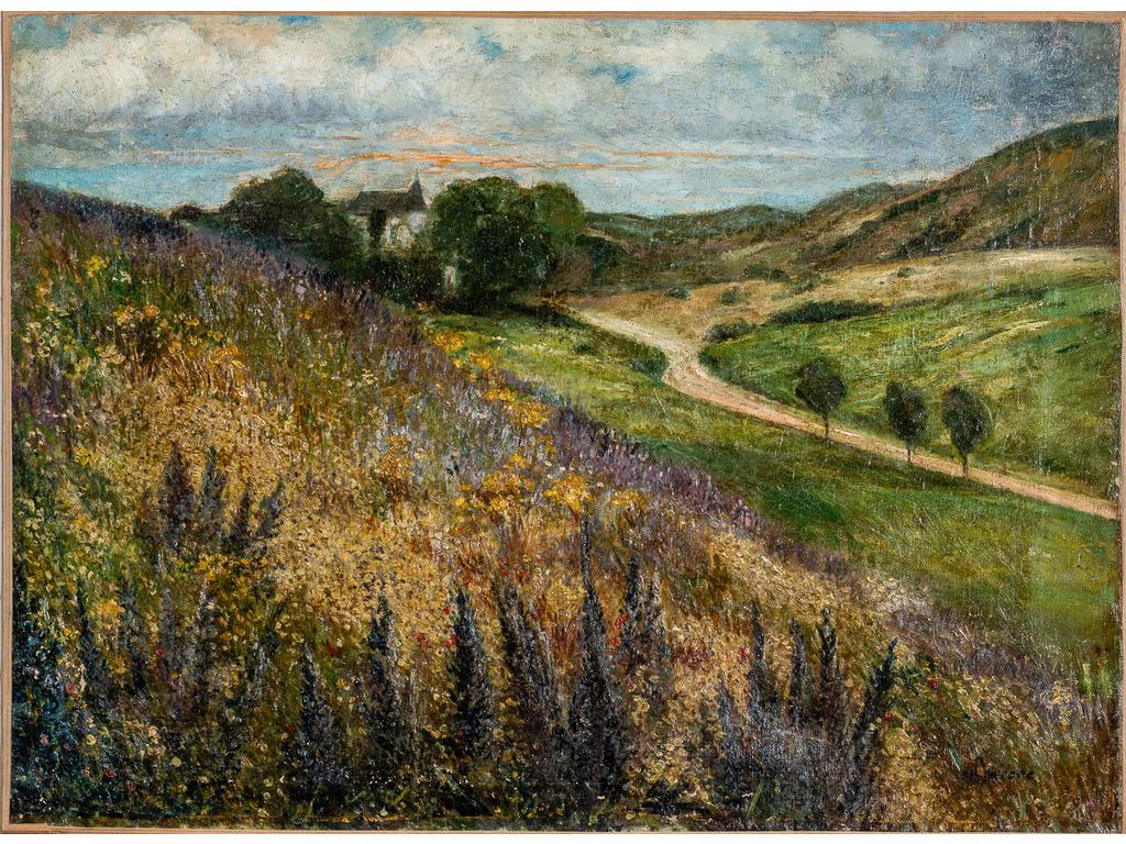 Charles MEERE (1890-1961) : Paysage champêtre. Huile sur toile signée en bas à droite. (sans cadre, accidents et restaurations). Dim :54 x 73.5 cm.