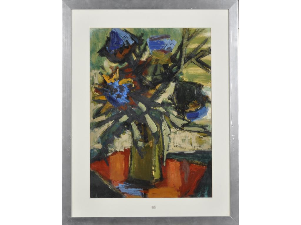 Michel BONNAUD (XXe siècle) : Bouquet de fleurs.  Huile et gouache sur papier, signée en bas au milieu et datée 1960.  Dim.: 71x51 cm.