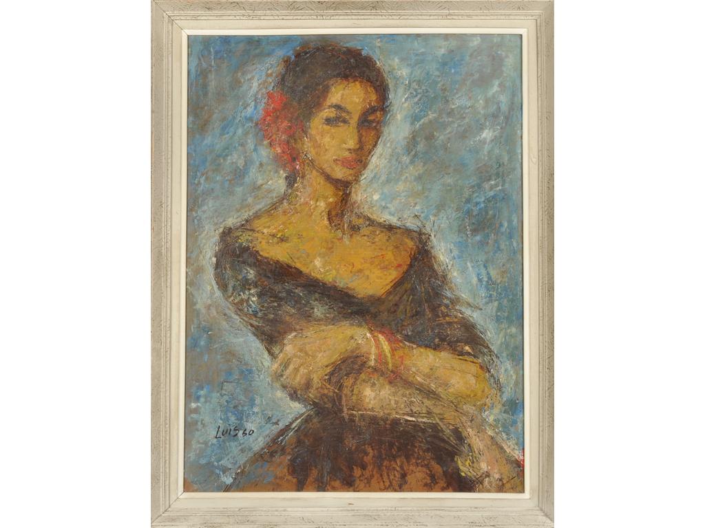 Luis ALVAREZ (1932-1997) : Amparo ou portrait de femme. Huile sur isorel, signée et datée 60 en bas à gauche. Contresignée et titrée au dos. Dim : 63 x 54 cm