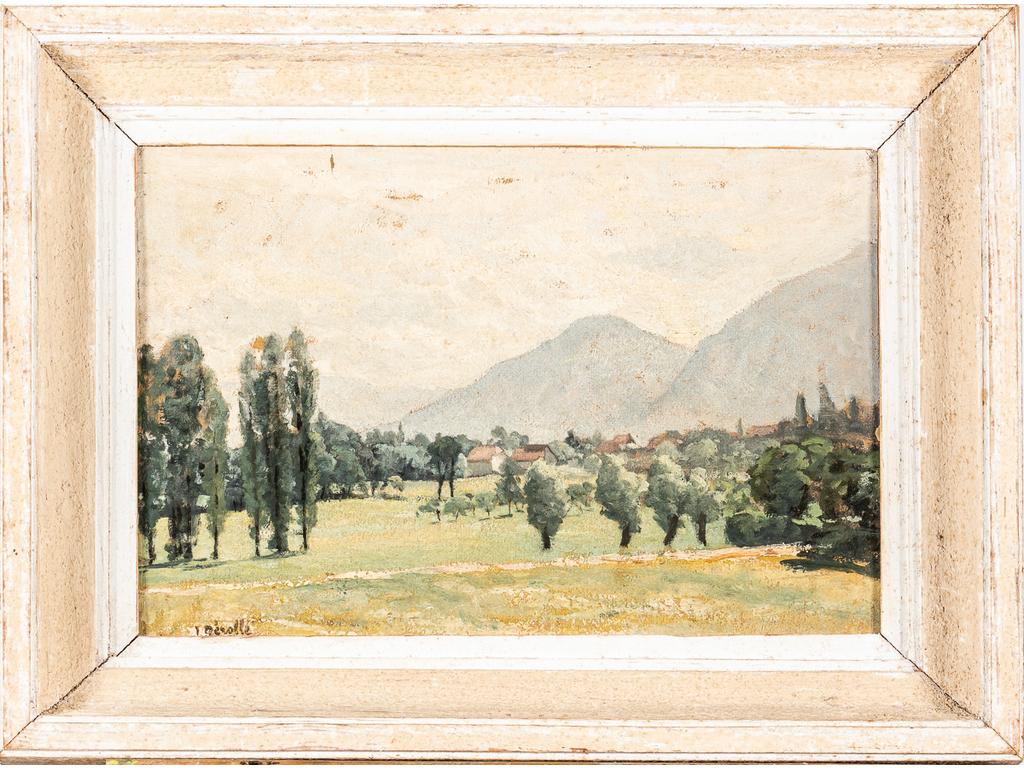 Joseph REROLLE (1829-1901) : Paysage. Huile sur carton, signée en bas à gauche. Dimensions : 28 x 42 cm. (petite déchirure en haut)