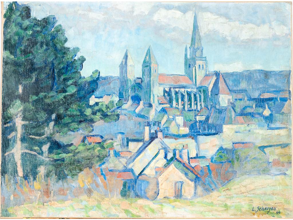 L. SCHROYEN : La cathédrale. Huile sur toile, signée en bas à droite, datée (19) 44. Dimensions : 46 x 61 cm. (sans cadre et deux petits rapiéçages)