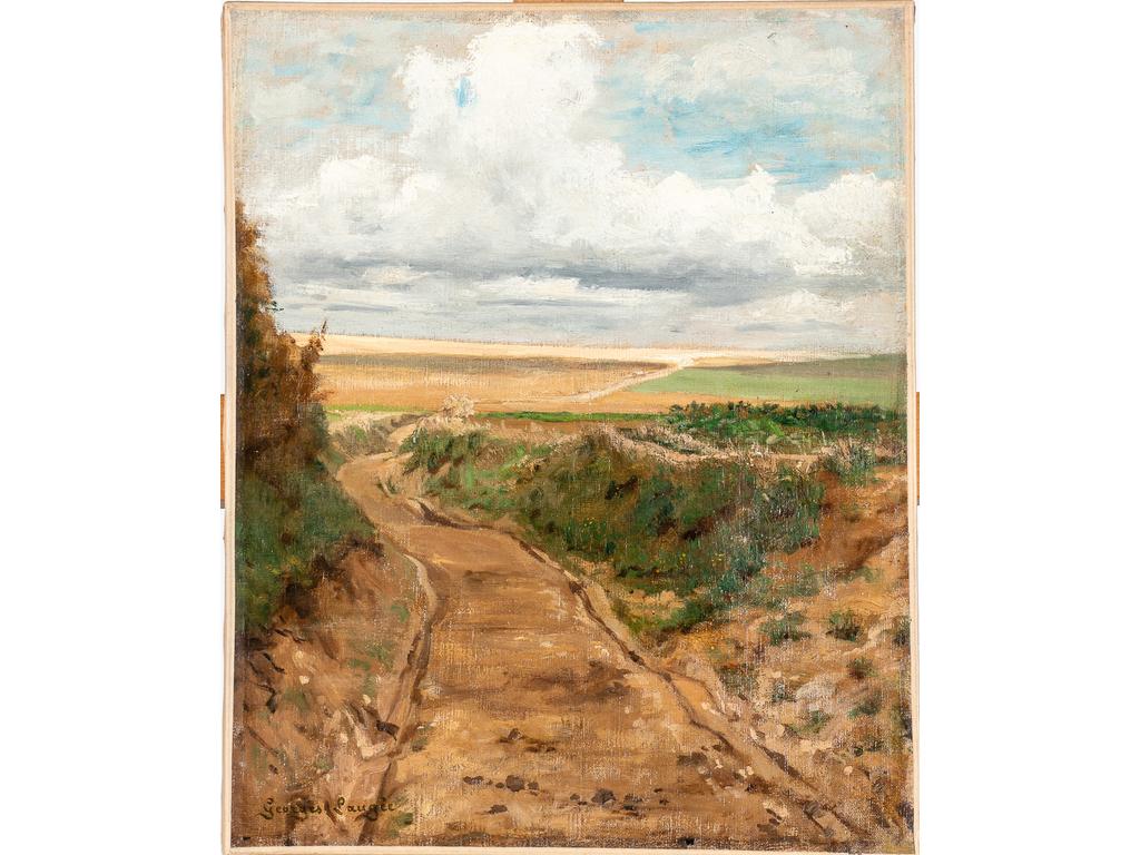 Georges LAUGEE (1853-1937) : Le chemin dans la plaine. Huile sur toile, signée en bas à gauche. Dimensions : 41x 33 cm. (petits rapiéçages, sans cadre)