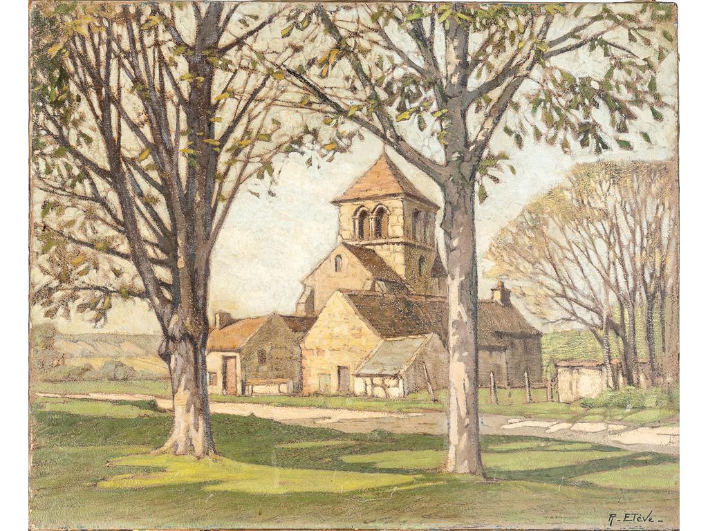 Raoul ETEVE (1902-1967) : L'église romane. Huile sur toile, signée en bas à droite. Dimensions : 59.5 x 73 cm. (petit accroc et saut de peinture, sans cadre)