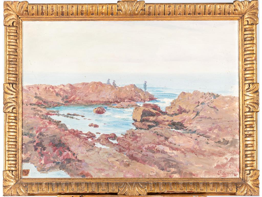 Francesco FILIPPINI (1853-1895) : Bord de côte rocheuse. Huile sur toile, signée en bas à droite. Dimensions : 54.5 x 73.5 cm