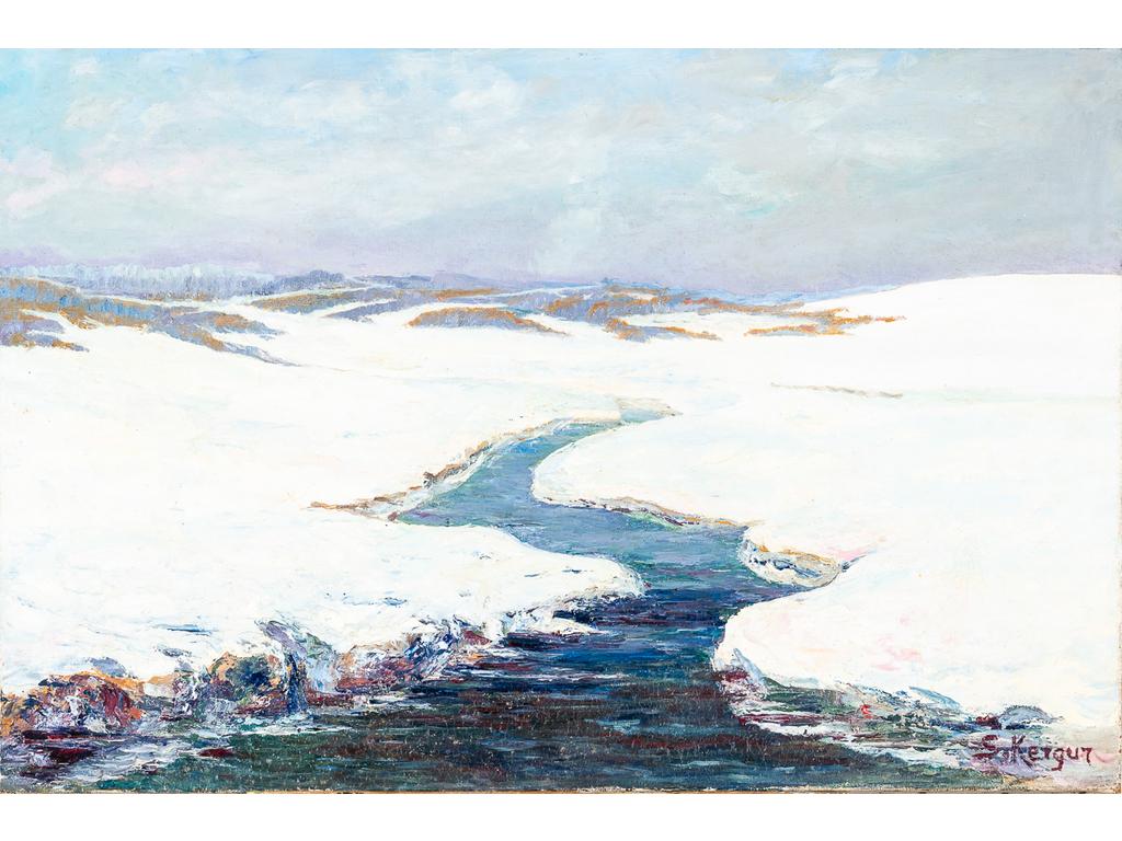 S. KERGUR XXème siècle : Paysage de neige. Huile sur toile, signée en bas à droite. Dimensions : 60 x 92 cm. (sans cadre)
