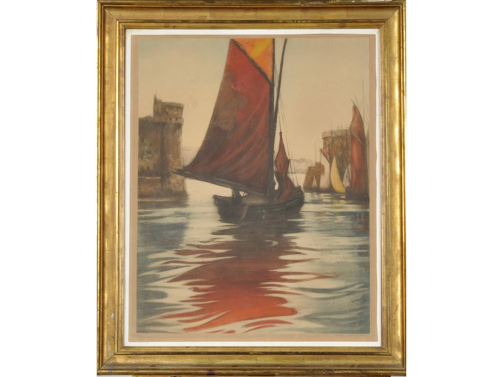 Auguste CAVIGNAC : Le Port de La Rochelle. Gravure en couleur, numérotée 112/350 et signée dans la marge au crayon. (Marges coupées). Dim. : 58x45cm.