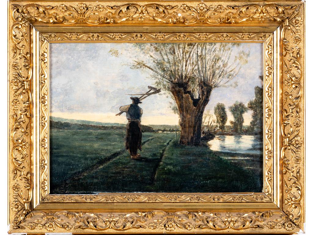 Ecole française vers 1900 : Le retour des champs. Huile sur toile. dim. 29x41 cm.