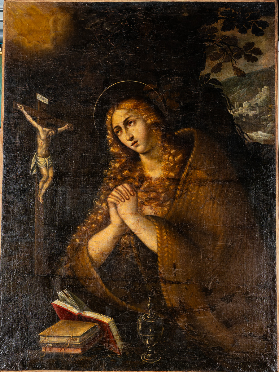 Ecole française du XVIIème : Sainte Madeleine. Toile d’origine (craquelures et repeints). Dim. 130 x 97 cm.