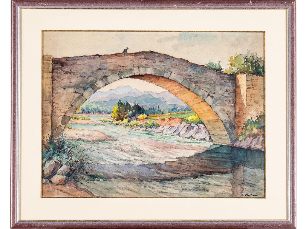 Ecole provençale moderne : Pont romain - Saint Michel d'Entrechaux. Aquarelle portant une signature apocryphe en bas à droite. Dimensions: 43x56 cm.