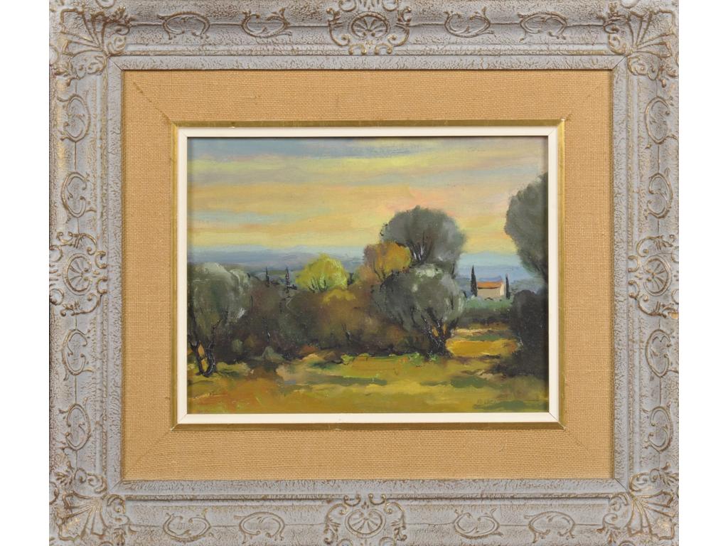 Raymond VERNET (1916-1993) : Matin d'hiver au Barroux. Huile sur toile marouflée, signée en bas à droite. Dim. : 27x35 cm.
