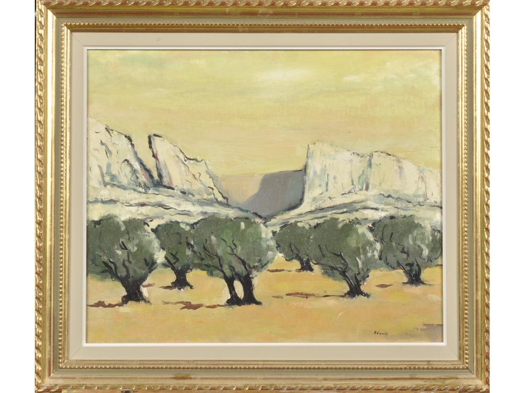 Raymond VERNET (1916-1993) : Les oliviers dans les Alpilles. Huile sur toile marouflée, signée en bas à droite. Dim. : 38x46 cm.