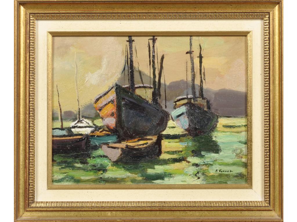 Raymond VERNET (1916-1993) : Les voiliers au port. Huile sur toile marouflée, signée en bas à droite. Dim. : 27x35 cm