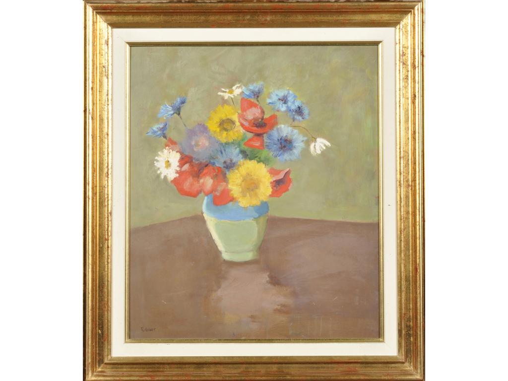 Raymond VERNET (1916-1993) : Bouquet de fleurs champêtres. Huile sur carton signée en bas à gauche. Dim. : 54x47 cm.