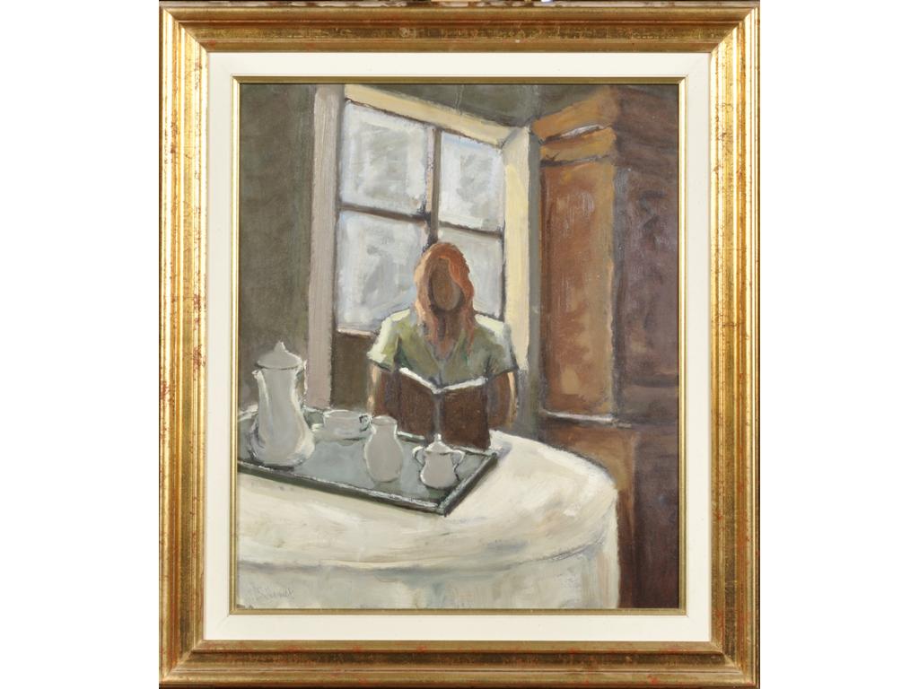 Raymond VERNET (1916-1993) : Femme dans la salle à manger. Huile sur carton signée en bas à gauche. Dim. : 55x46 cm.