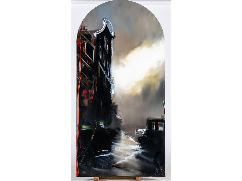 Jean ARCELIN (1962): Caprice hollandais. Grande huile sur toile signée et titrée au revers (sans cadre). Dimensions: 195x97 cm.
