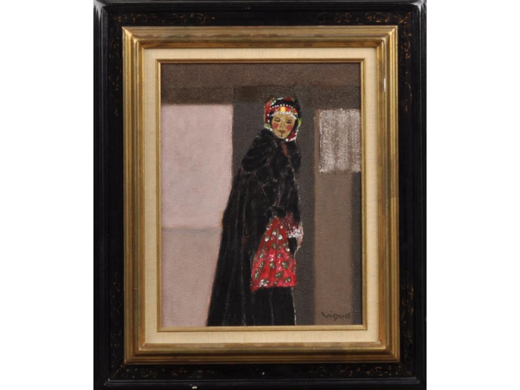 Andre VIGUD (1939): Discrétion. Huile sur toile signée en bas à droite, contre signée et titrée au revers. Dimensions: 35x27 cm.