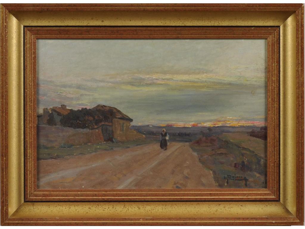 Léon POISSON (XIX-XXème) : Femme sur le chemin. Huile sur panneau, signée en bas à droite. Dim. : 27x41cm.