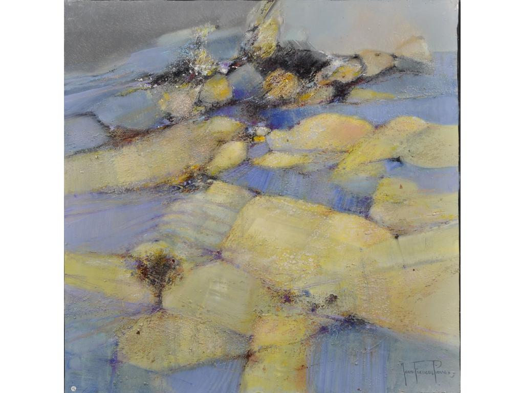 Jean François PIERRE (1936-2020) : Harmonie du soir. Huile sur toile signée en bas à droite. (quelques sauts de peinture, sans cadre). Dim : 70x70 cm.