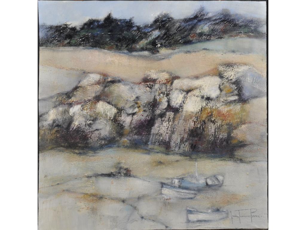 Jean François PIERRE (1936-2020) : Insula Oya 4. Huile sur toile signée en bas à droite. Dim : 70x70 cm. Sans cadre.