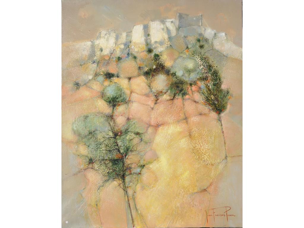 Jean-François PIERRE (1936-2020) : La mémoire des temps II. Huile sur toile signée en bas à droite, contre-signée et titrée au dos (sans cadre) . Dim : 92x73 cm