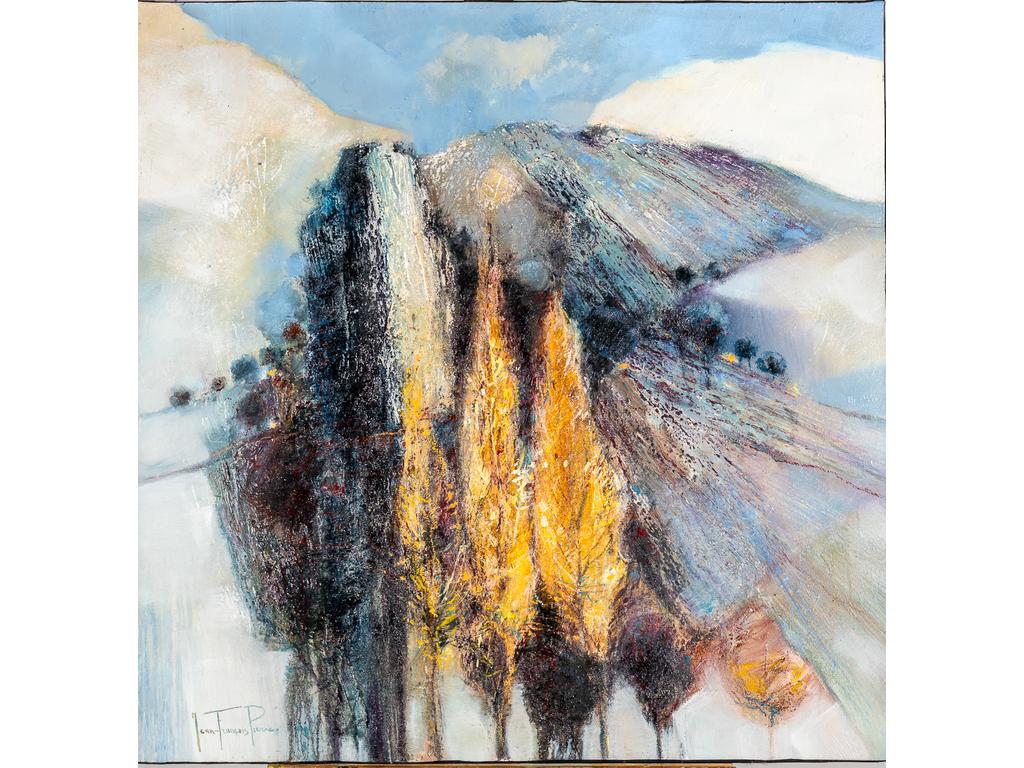 Jean François PIERRE (1936-2020): Fin d'automne. Huile sur toile signée en bas à gauche et titrée au revers (sans cadre). Dimensions : 80x80 cm