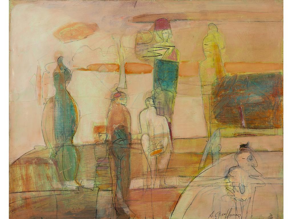 André QUEFFURUS (1939-2017) : La foule. Huile sur toile signée en bas à droite et datée 84. (Sans cadre). Dimensions : 65 x 81 cm.