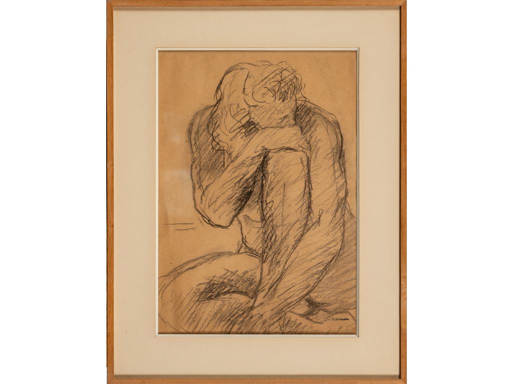 Paul ACKERMAN (1908-1981) : Femme nue assise. Dessin au fusain. Signé du cachet d'atelier en bas à droite. (Papier jauni, gondolé et froissé). Dimensions : 43 x 30 cm