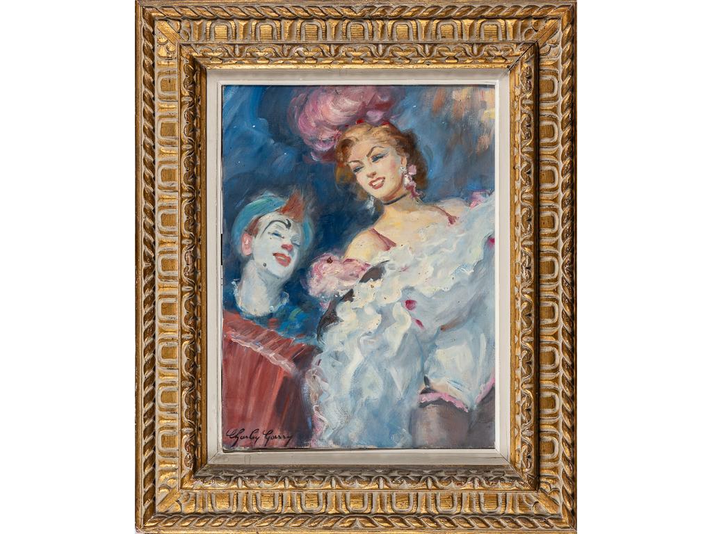 Charley GARRY (1891-1973) : Danseuse et clown. Huile sur toile signée en bas à gauche. (petits sauts de peinture). Dimensions : 61 x 46 cm.