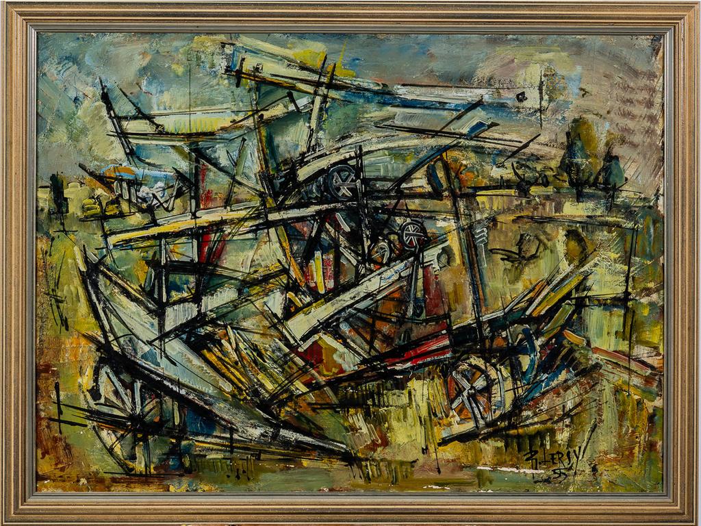 Roger LERSY (1920-2004) : Navire au port. Huile sur toile signée en bas à droite et datée 55. (importante éraflures). Dimensions:75.5 x 100 cm.