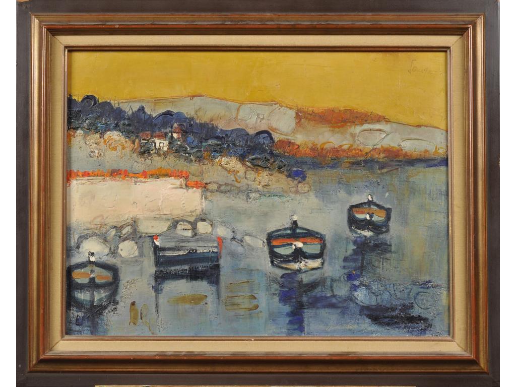 Jacques SAUZE (1925) : Les barques bleues. Huile sur toile signée en haut à droite. Contre signée et située au revers. Dimensions : 46 x 61 cm.