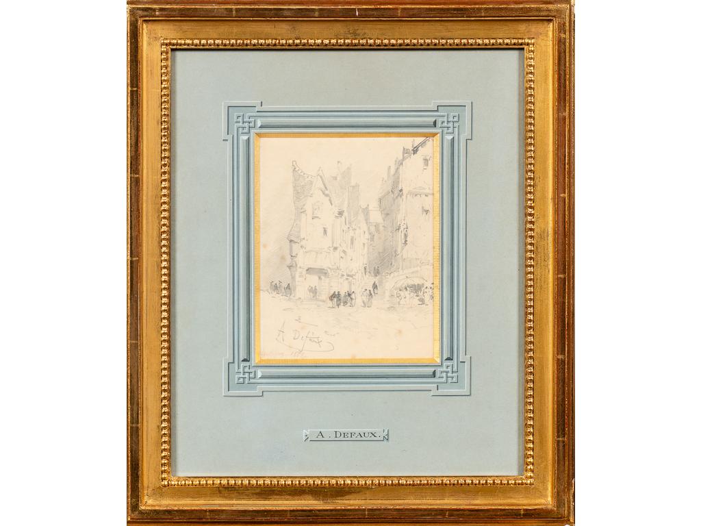 Alexandre DEFAUX ( 1826-1900) : Vue d'un escalier et personnage. Dessin Signé en bas à gauche et datée 1881, situé à Montigny. Dim : 19 x 15 cm.