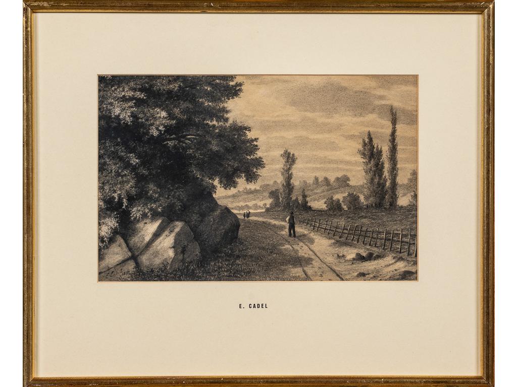 Eugène CADEL (1862-1942) : Chemin à la lisière de la forêt, dessin au fusain. Signé en bas à gauche et daté 1877 . Dim : 20 x 30.5 cm.