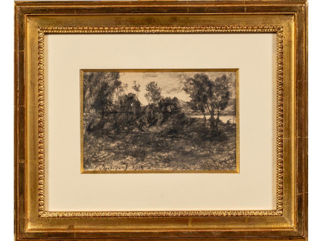Henri HARPIGNIES (1819-1916) : Paysage, dessin au fusain, signé en bas à gauche et daté 1912. Dim : 15 x 22 cm.