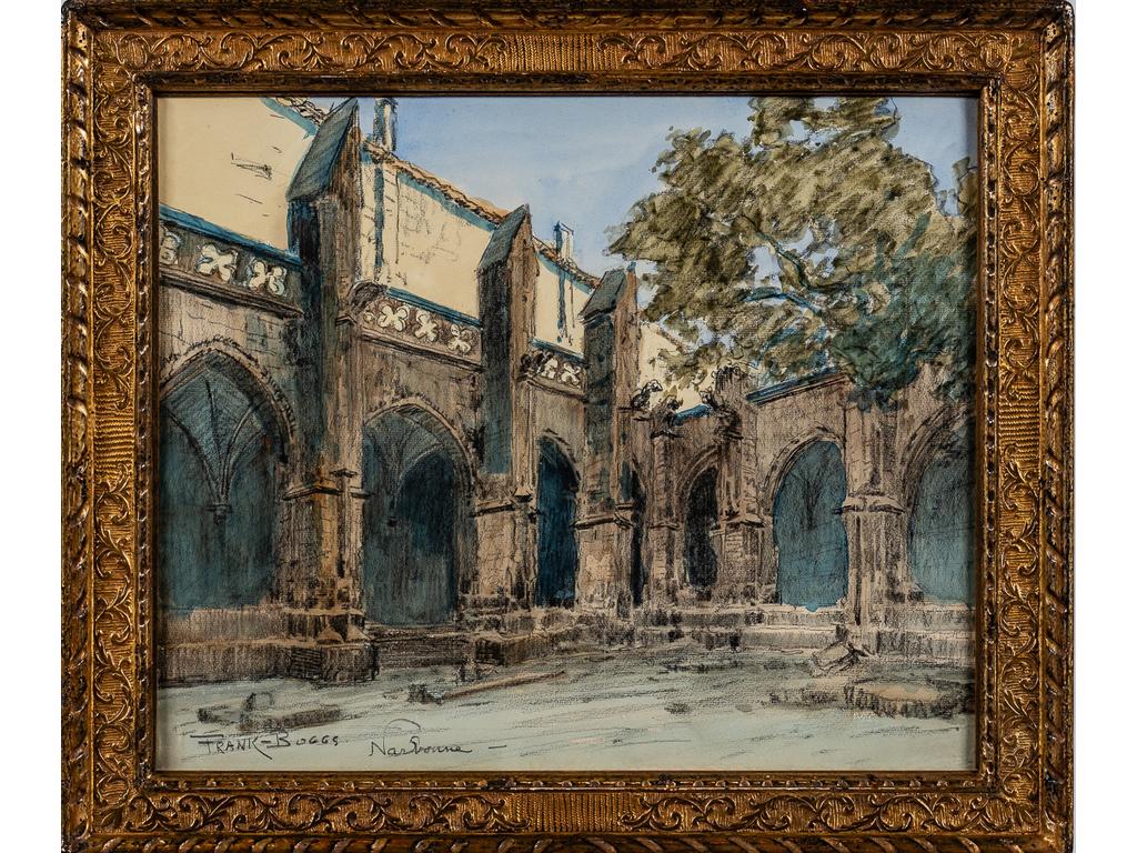 Franck BOGGS (1855-1926) : Le Cloître de la Cathédrale Saint-Just de Narbonne. Fusain et aquarelle signé en bas à gauche. Dim : 39.5 x 47.5 cm.