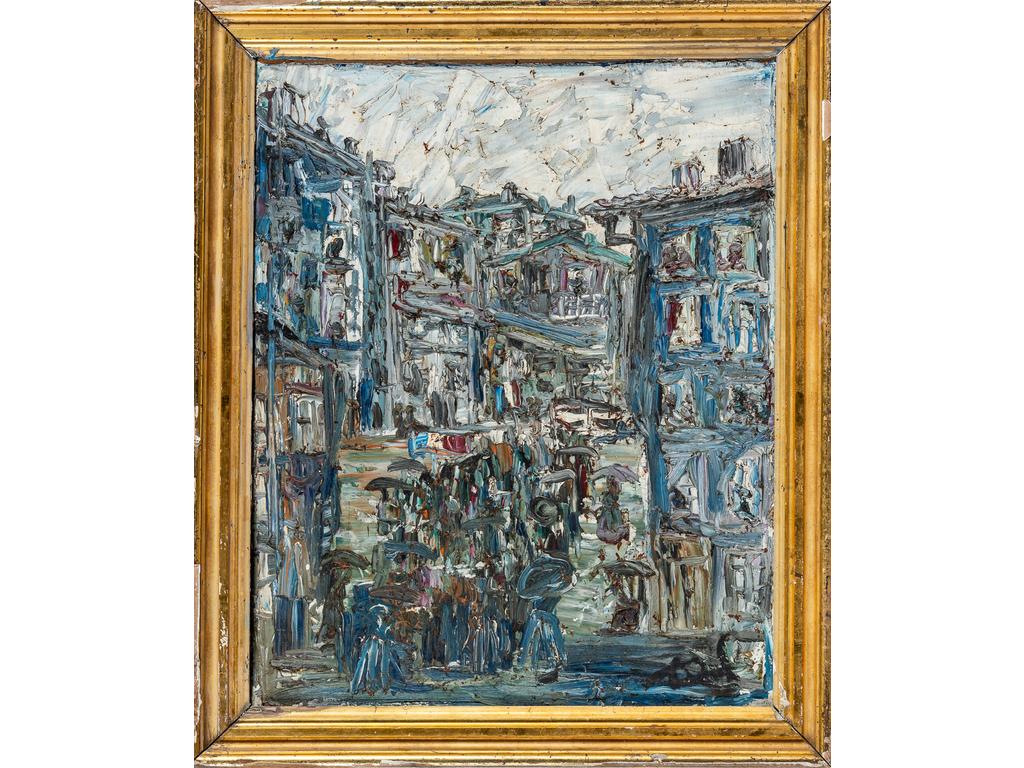 (attribué à) WLODZIMIERZ ZAKRZEWSKI (1916-1992) : Rue animée. Huile sur panneau. (Manques au  cadre et petite fissure au panneau). Dimensions : 68.5 x 54.5 cm.