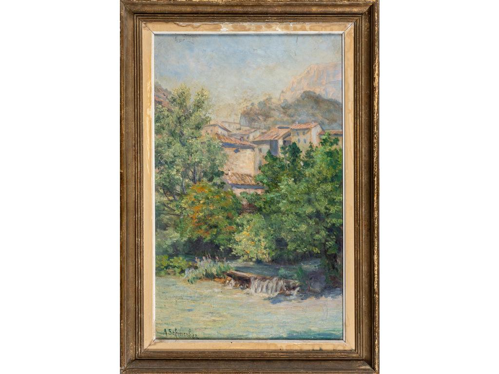 Alice SCHMERBER (1864-1954) : Bord de rivière. Huile sur toile signée en bas à gauche. (Légères craquelures). Dimensions : 61 x 38 cm.