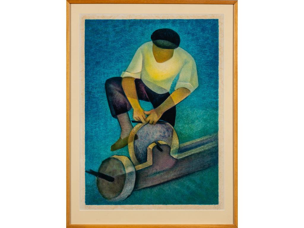 Louis TOFFOLI (1907-1999) : Le Rémouleur. Lithographie sur papier japon signée en bas à droite au crayon et numérotée 24/130. Dimensions : 70 x 52 cm.