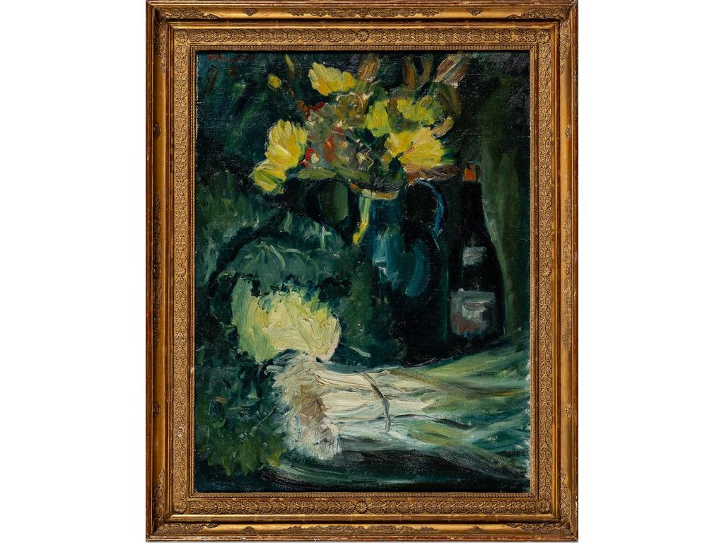 José PALMEIRO (1901/03-1984) : Nature morte à la botte de poireaux. Huile sur toile signée en haut à gauche et datée 28. Dimensions : 81 x 60 cm.