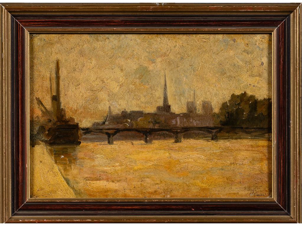 Jules FLOUR (1864-1921) : Quai de Paris. Huile sur carton signée en bas à droite et datée 1910. Dimensions : 26.5 x 37.5 cm.