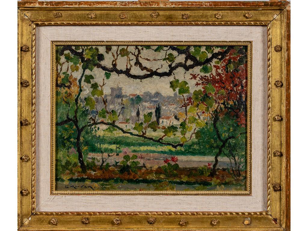 Georges  MORVAN (1885-1968) : Vue de ville à travers les frondaisons. Huile sur carton. Signée en bas à gauche. Dimensions : 27 x 34,5 cm.